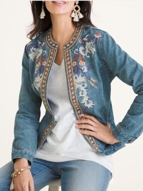 Chico's Size 1 (M) Embroidered Denim Boho Jacket